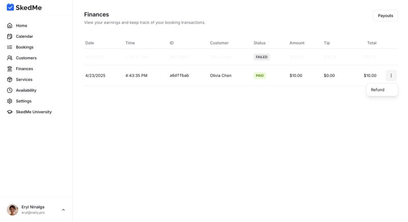 Refund option from three-dot menu in Finances tab