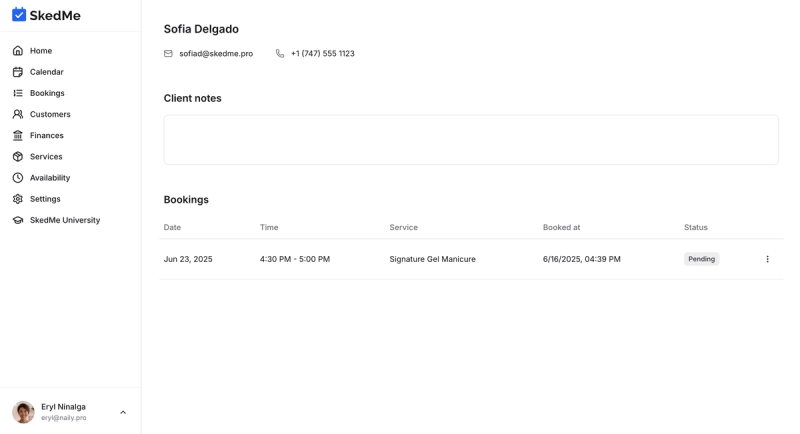 Client profile showing contact info and notes section