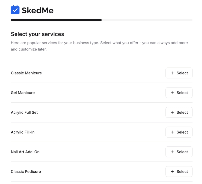 Service customization screen