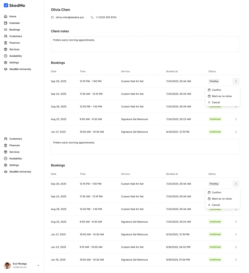 Booking list with action buttons