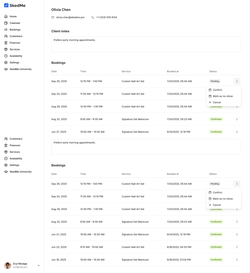 Booking list with action buttons