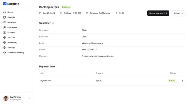 Booking detail page with 'Create Payment Link' button