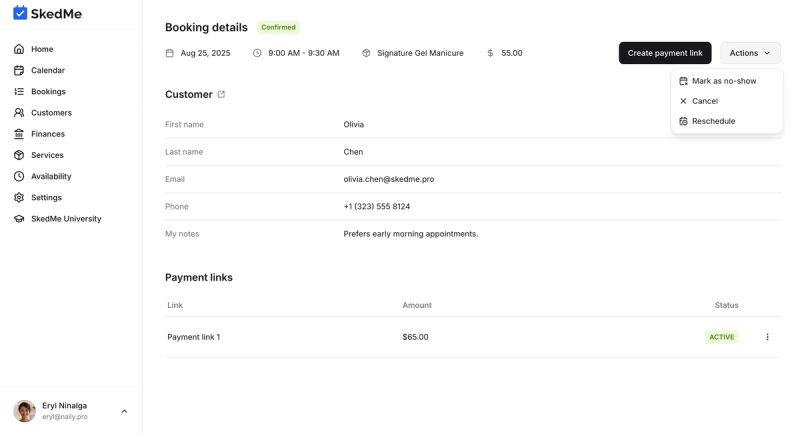 Booking detail page with Actions button
