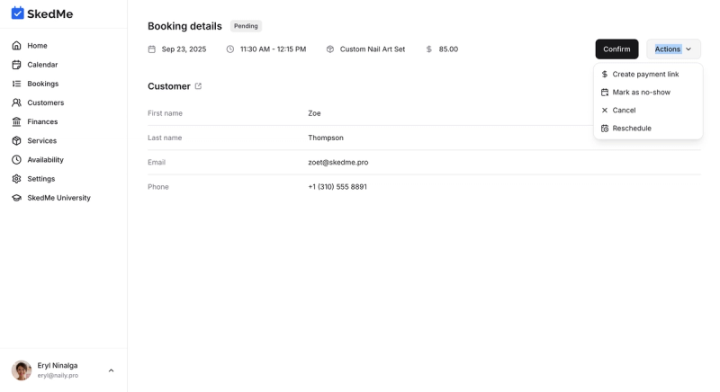 Booking detail view with accept, cancel, and no-show options
