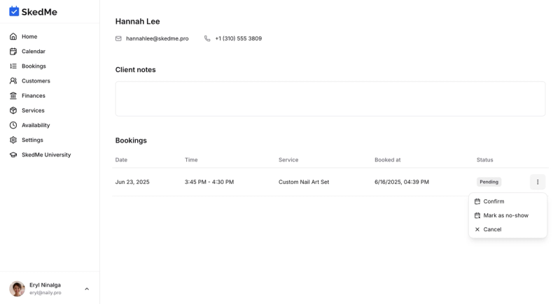 Booking actions inside a client’s profile