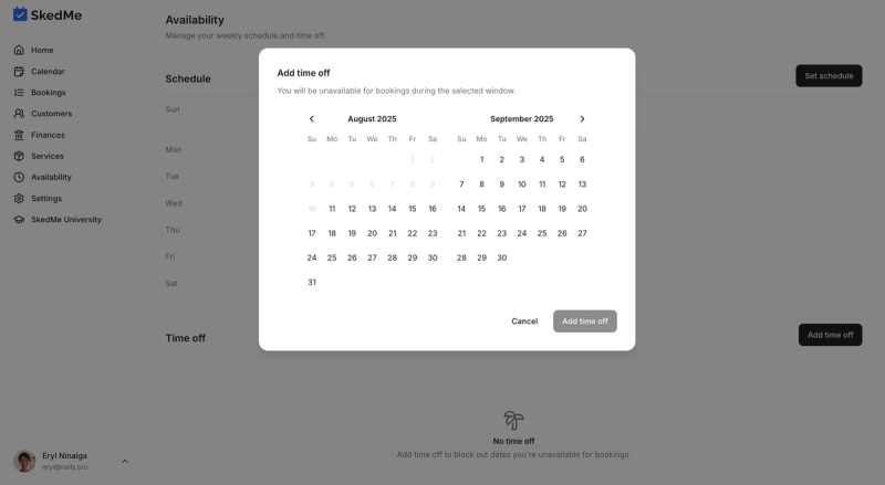 Add Time Off popup with date range selected