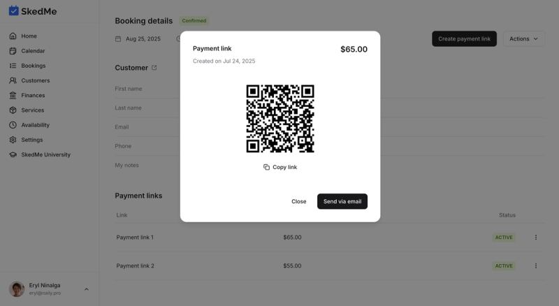 Option to send payment link via email