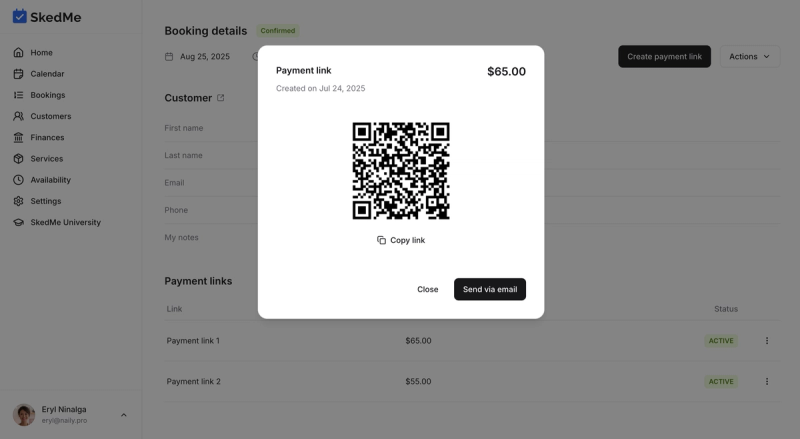 Option to send payment link via email