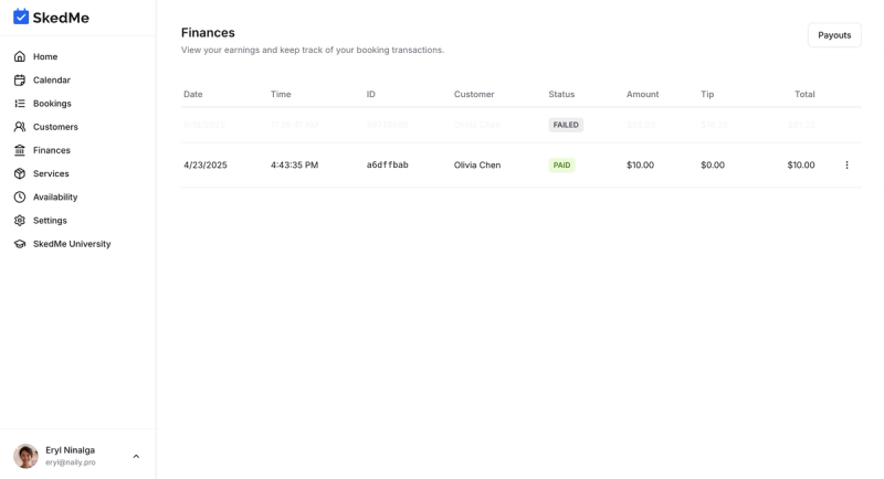 Payouts button on Finances tab