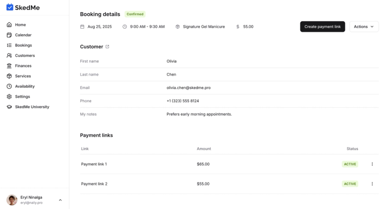 Booking page showing payment link history