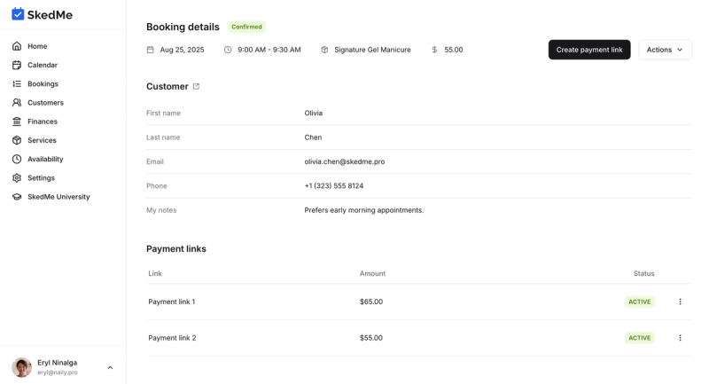 Booking page showing payment link history