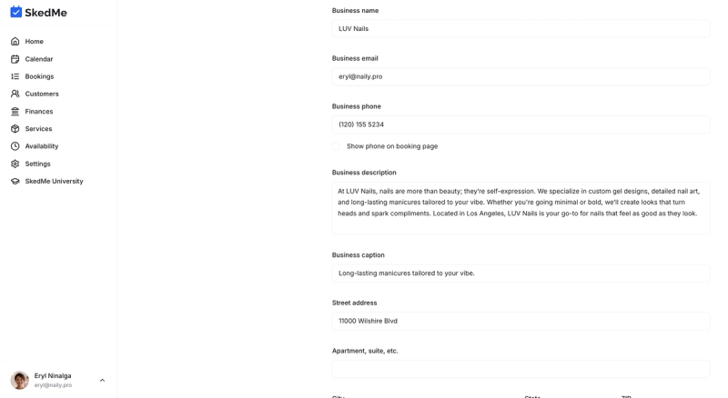 Editable fields for email, phone number, and street address