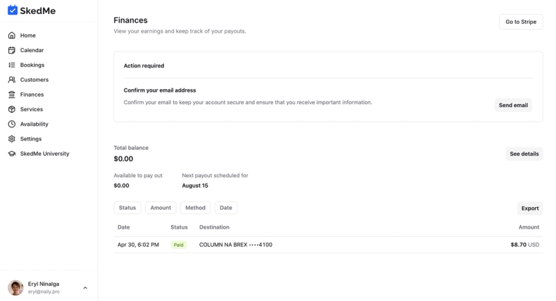 Button to access Stripe dashboard