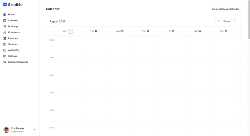 Calendar tab with “Connect Google Calendar” button at the top