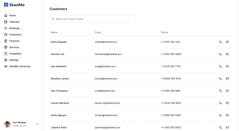 Full client list with call/email buttons