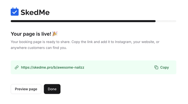 Final onboarding success screen with preview and booking link
