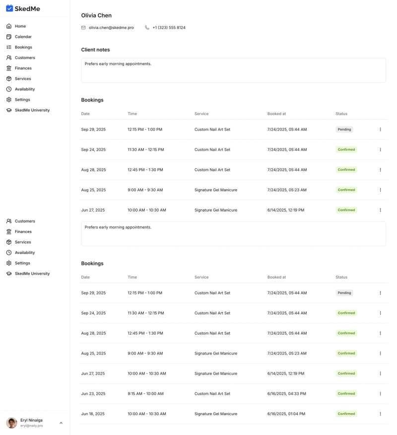 Client profile with full booking history visible