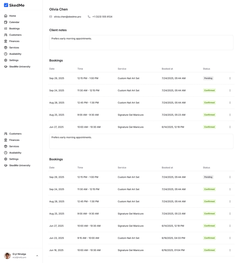 Client profile with full booking history visible