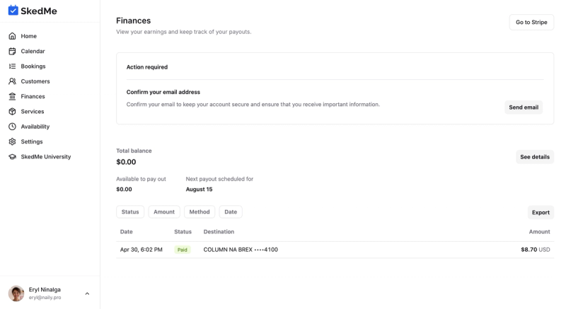 Payouts page showing payout history and required actions