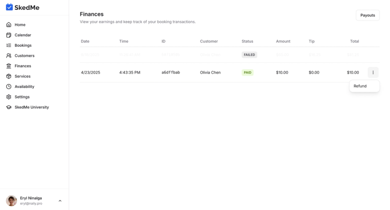 Refund option from the three-dot menu on a payment line