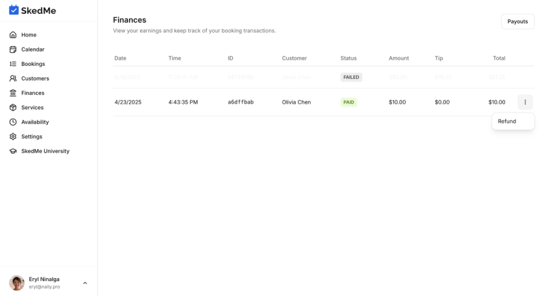 Refund option from the three-dot menu on a payment line