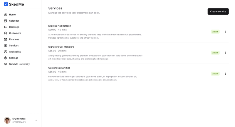 Services tab with create and edit options visible