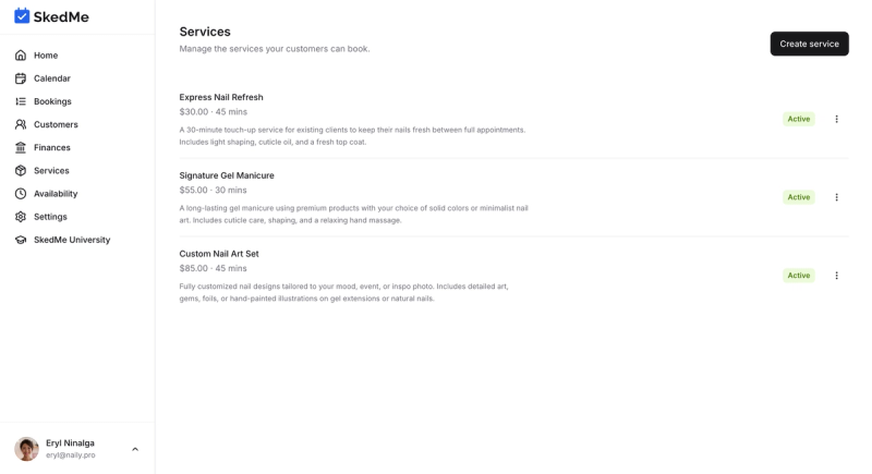 Services tab with create and edit options visible