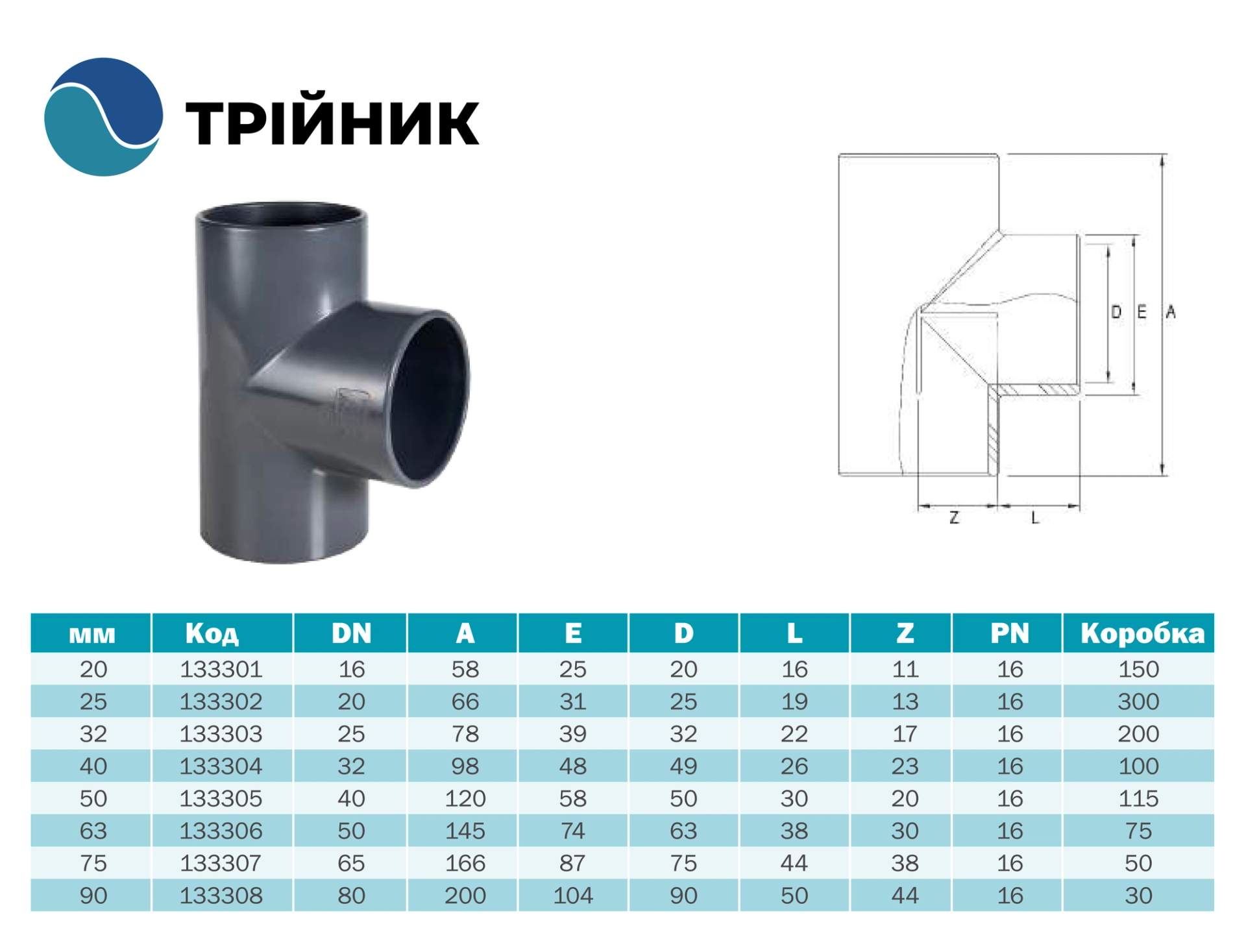 Тройник 90°/75мм PN16 Fitvalf – Poolman – фото 2 – Натисніть для збільшення зображення Номер изображения: 2.