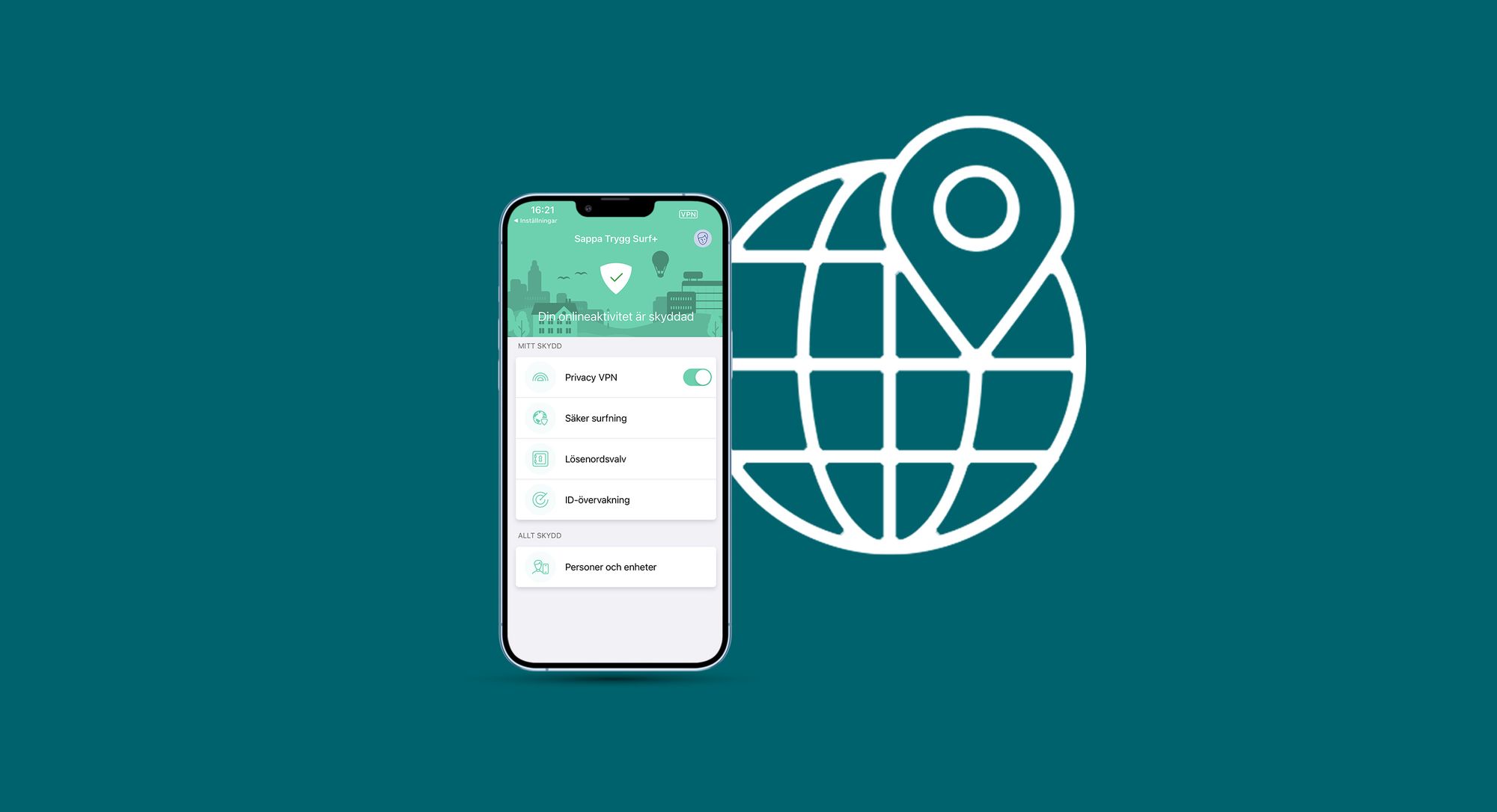 Sappa Trygg Surf+, en internetsäkerhetsapp med inbyggd IPN-tjänst.