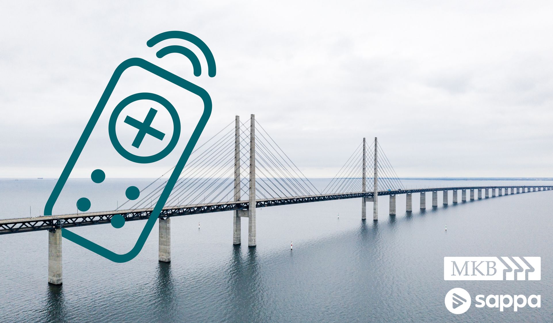 Stor ikon med fjärrkontroll svävar ovanför Öresundsbron vid Malmö.