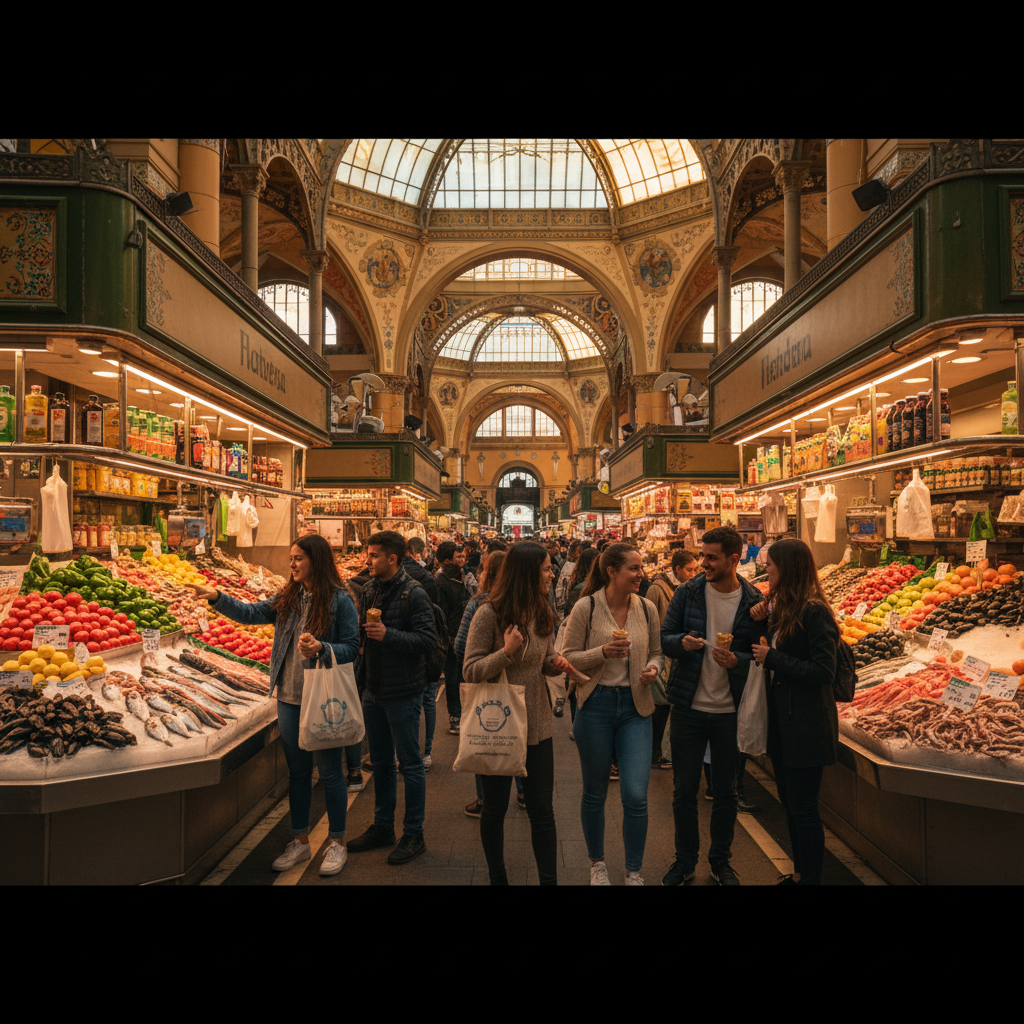 Vista dividida del Mercado Central de Valencia, la Gran Via de Madrid y Las Ramblas de Barcelona representando la comparativa de coste de vida