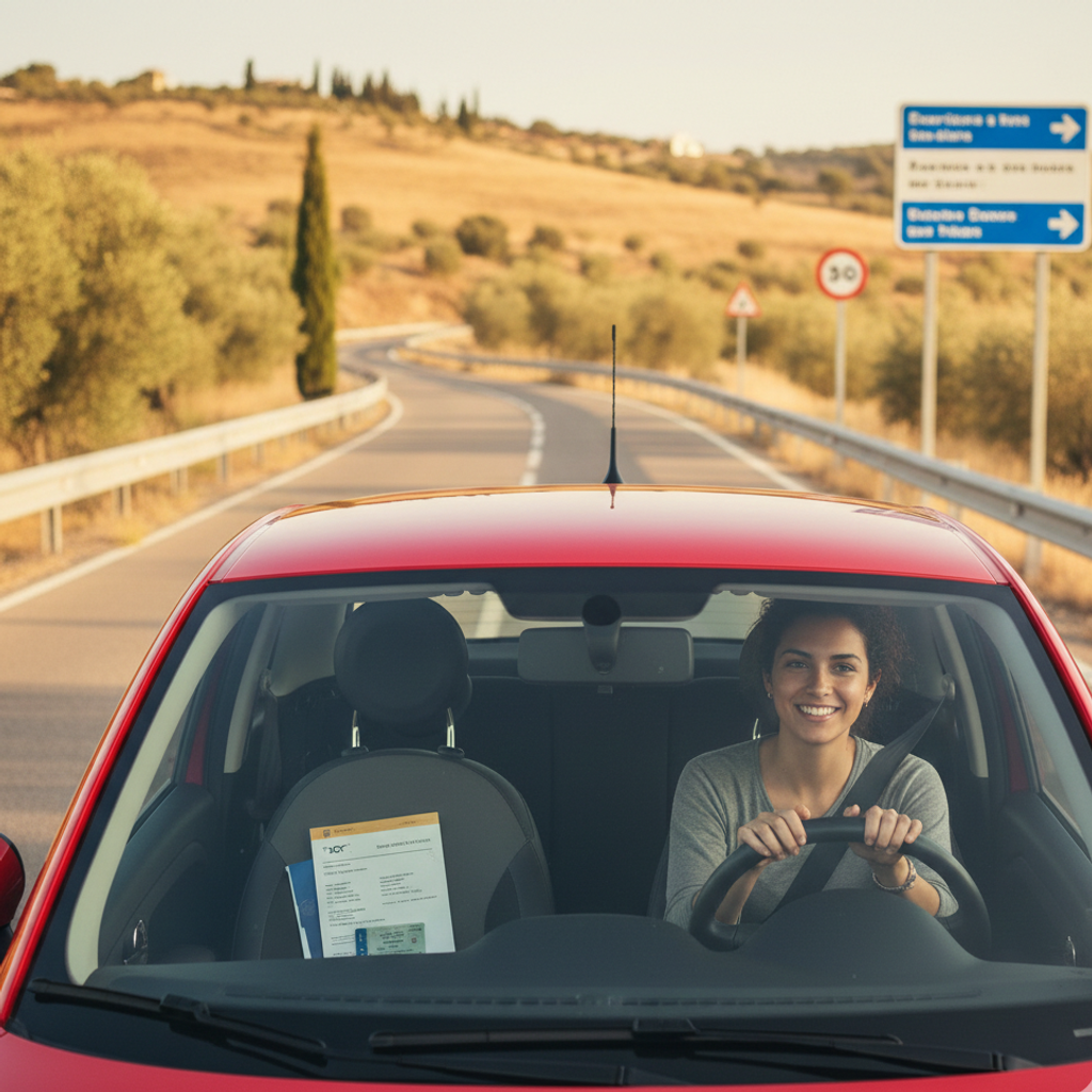 Estudiante internacional conduciendo por una carretera española con señales de trafico de la UE