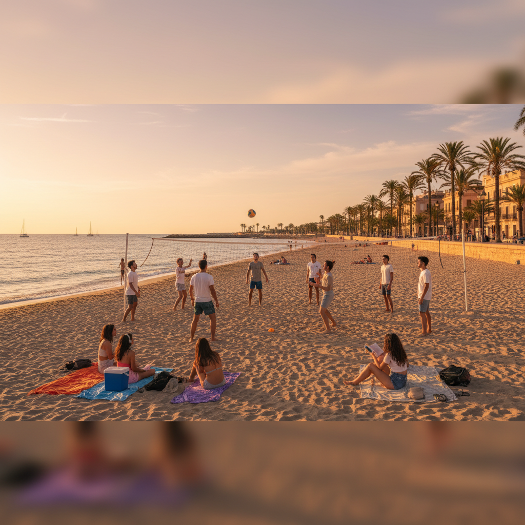 Estudiantes disfrutando en la playa de la Malvarrosa en Valencia con la zona del puerto al fondo