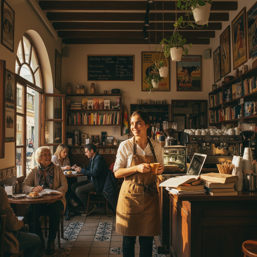 Estudiante internacional trabajando con un portatil en un espacio de coworking en España