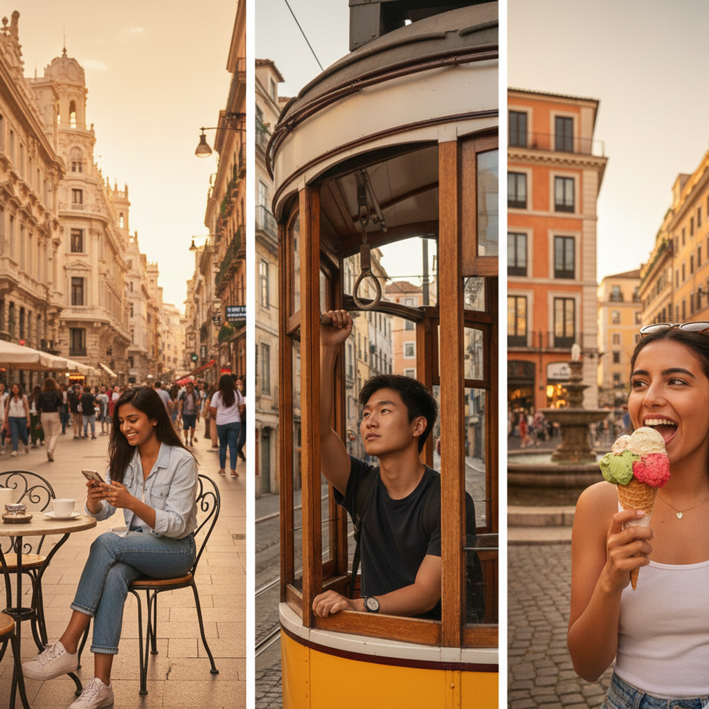 Imagen dividida con escenas de Madrid, Lisboa y Roma con estudiantes en cafés y universidades
