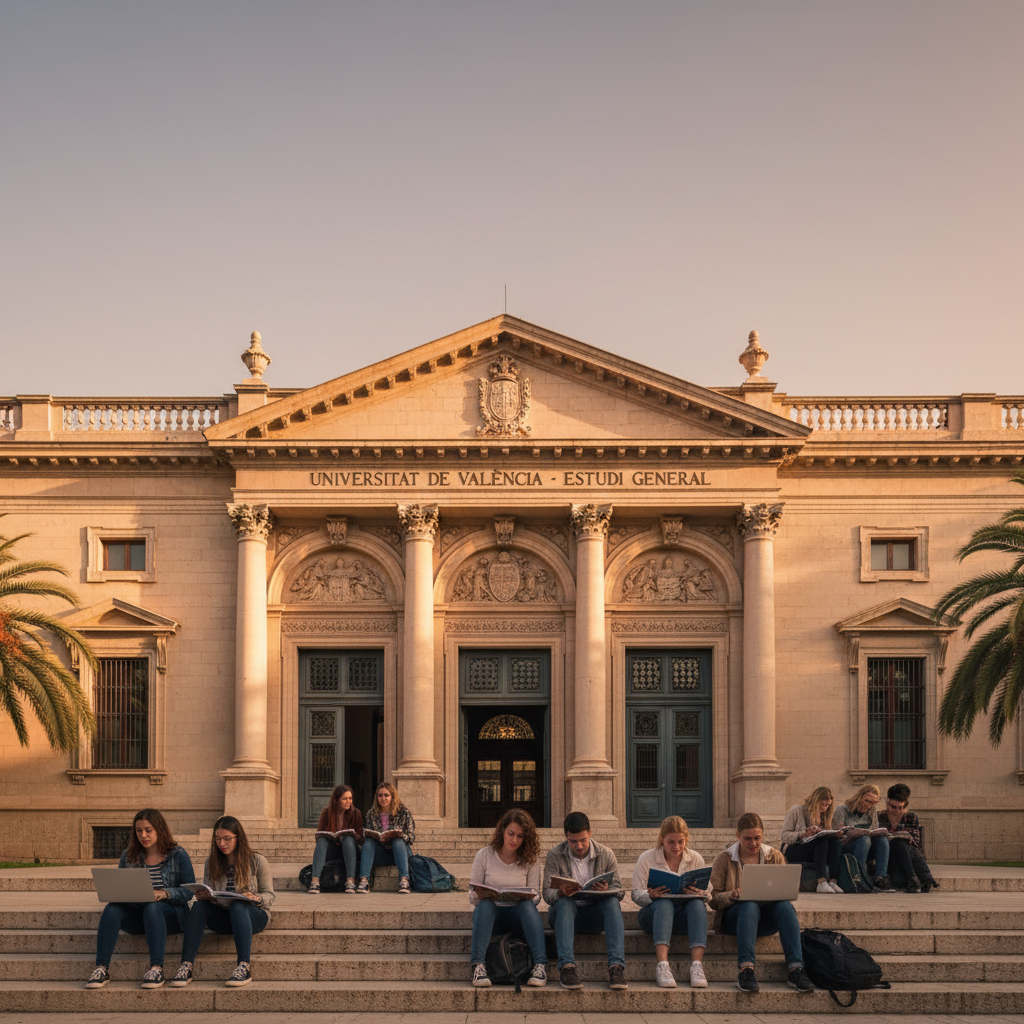 El edificio histórico de La Nau de la Universitat de Valencia con su claustro renacentista y estudiantes en el patio