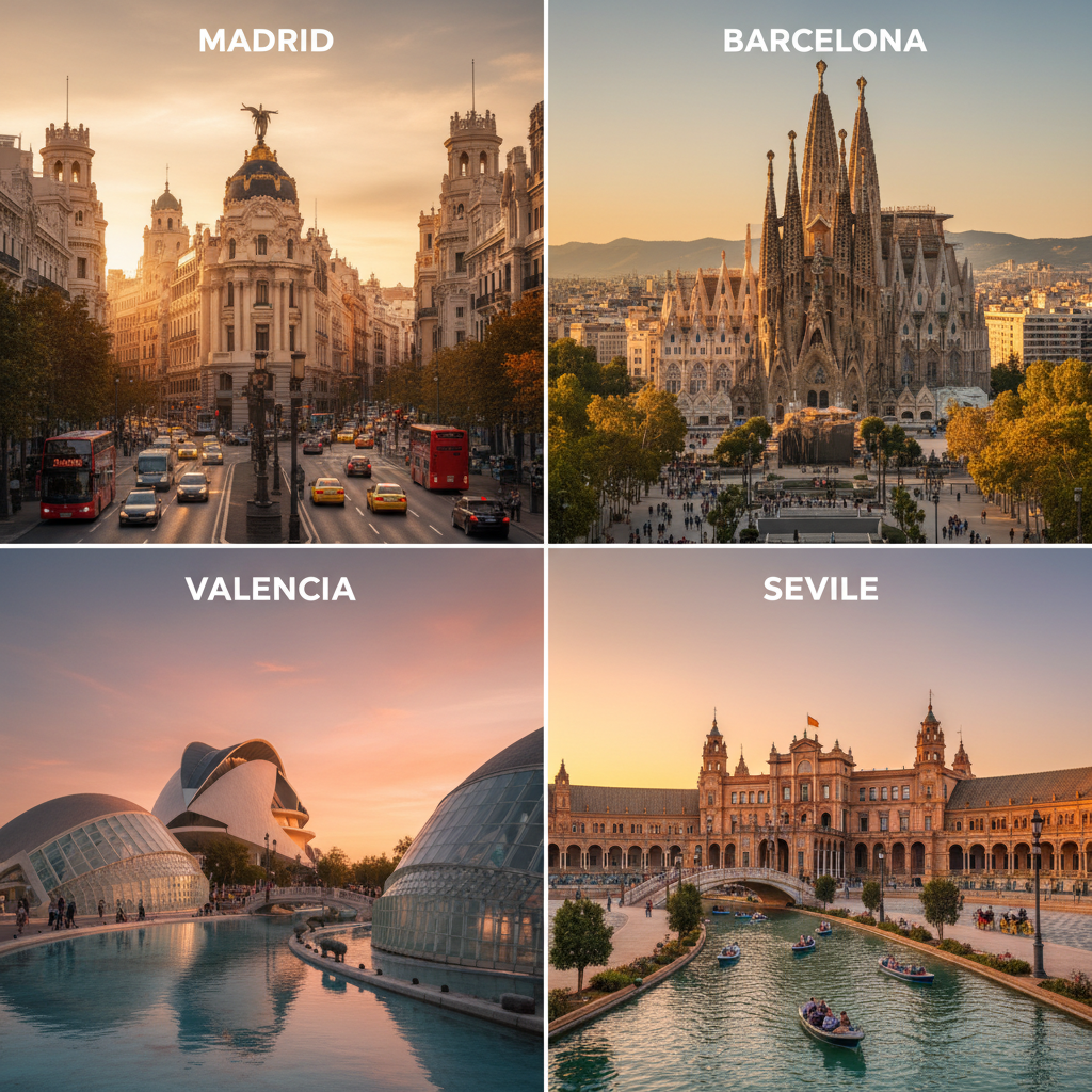 Vista dividida de Madrid, Barcelona y Valencia con símbolos de euro superpuestos