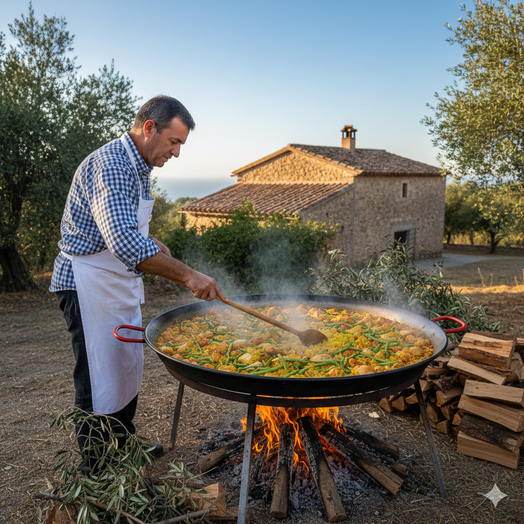 Paella valenciana tradicional en una gran sarten en un puesto del mercado con ingredientes frescos de fondo