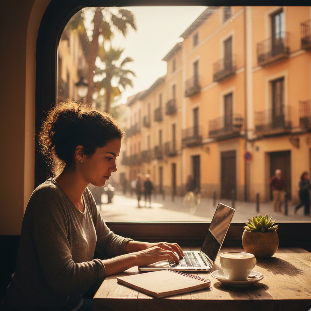 Estudiante internacional trabajando a media jornada en un portatil en una cafeteria española