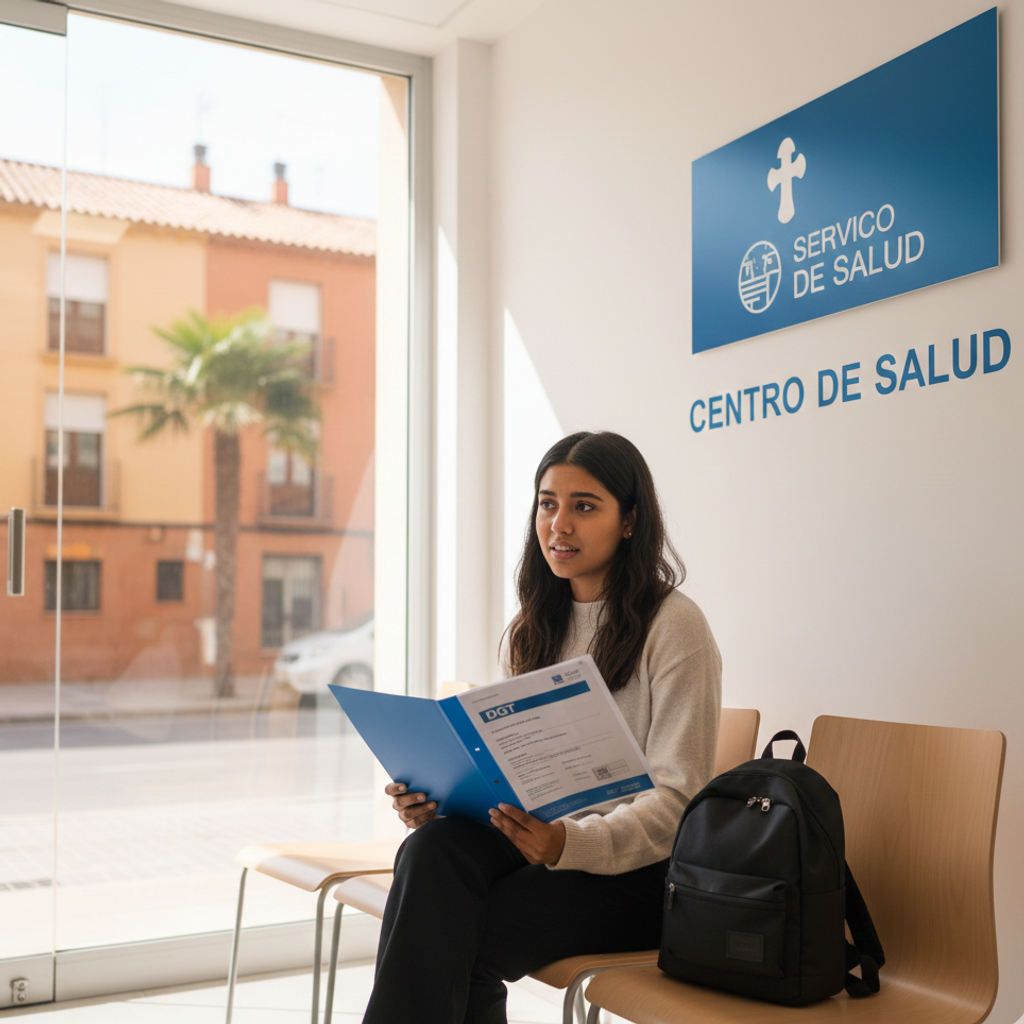 Póliza de seguro médico y solicitud de visa de estudiante en España sobre un escritorio