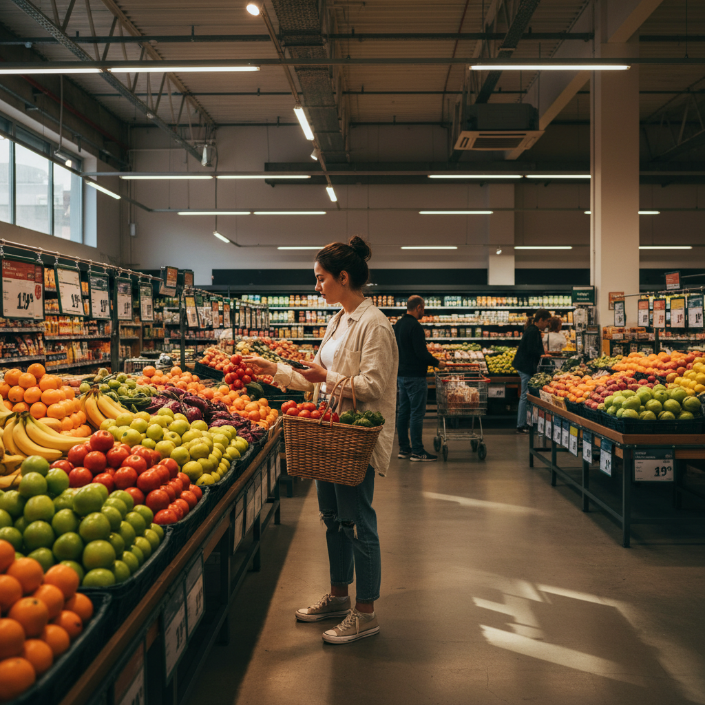 Студент на улице испанского города с продуктами