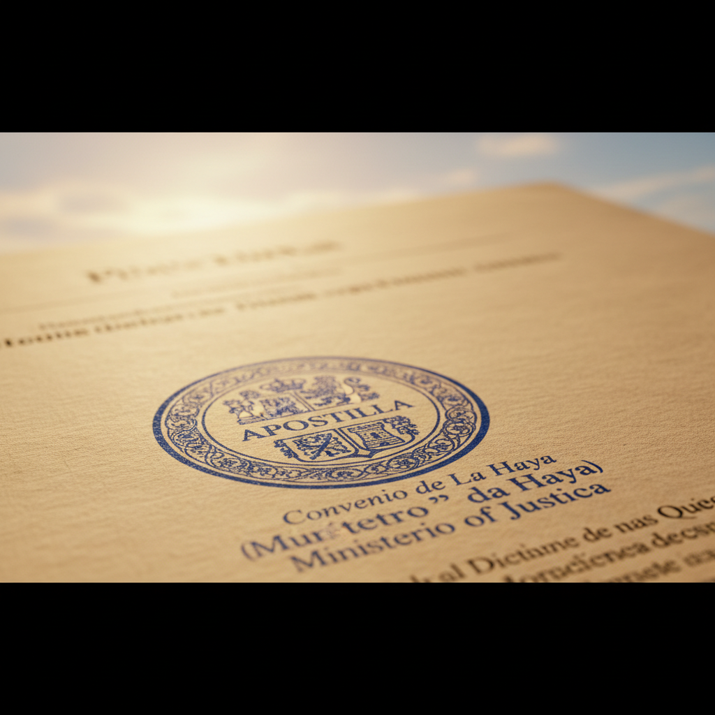 Pila de documentos académicos oficiales con sello de apostilla y escudo de universidad española