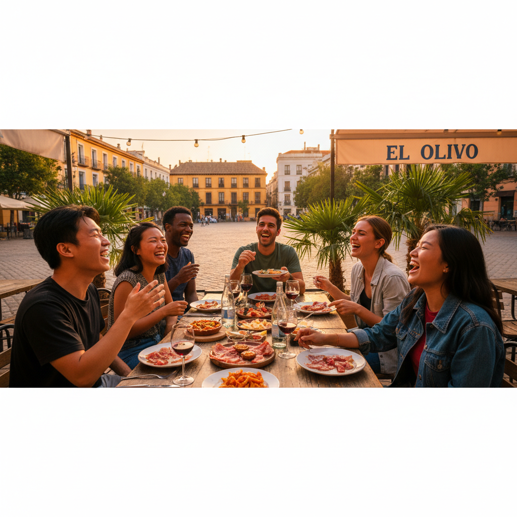 Grupo de estudiantes internacionales y españoles riendo juntos en la terraza de un café