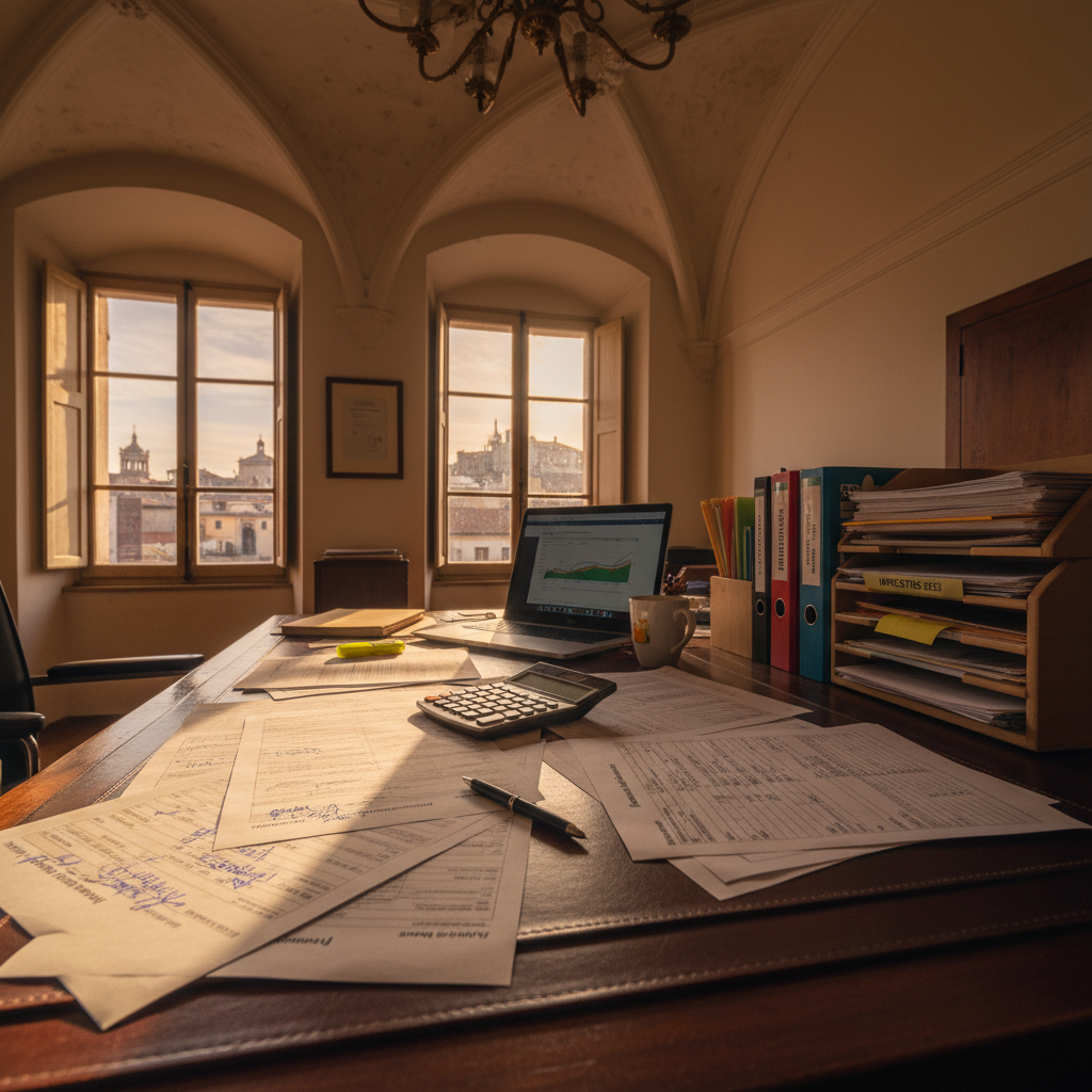Estudiante internacional revisando documentos fiscales españoles con una calculadora