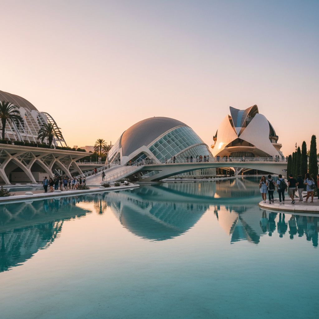 Estudiantes internacionales caminando por la Ciudad de las Artes y las Ciencias de Valencia