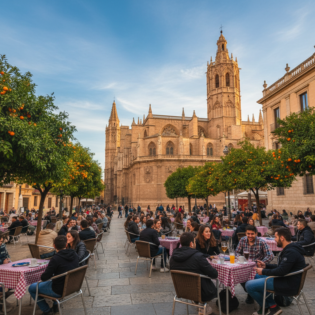 Escena callejera colorida en el barrio de Ruzafa Valencia con terrazas de cafés al aire libre