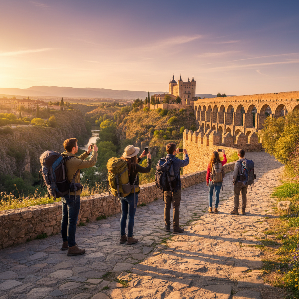 Grupo de estudiantes internacionales haciéndose un selfie frente al Alcázar de Segovia en un día soleado