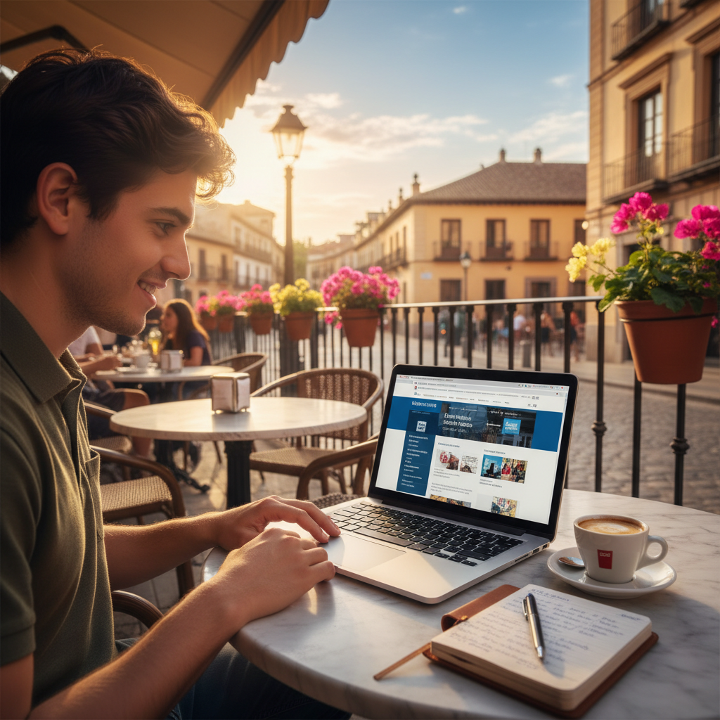 Étudiant comparant des programmes de master sur un ordinateur portable dans une bibliothèque universitaire espagnole