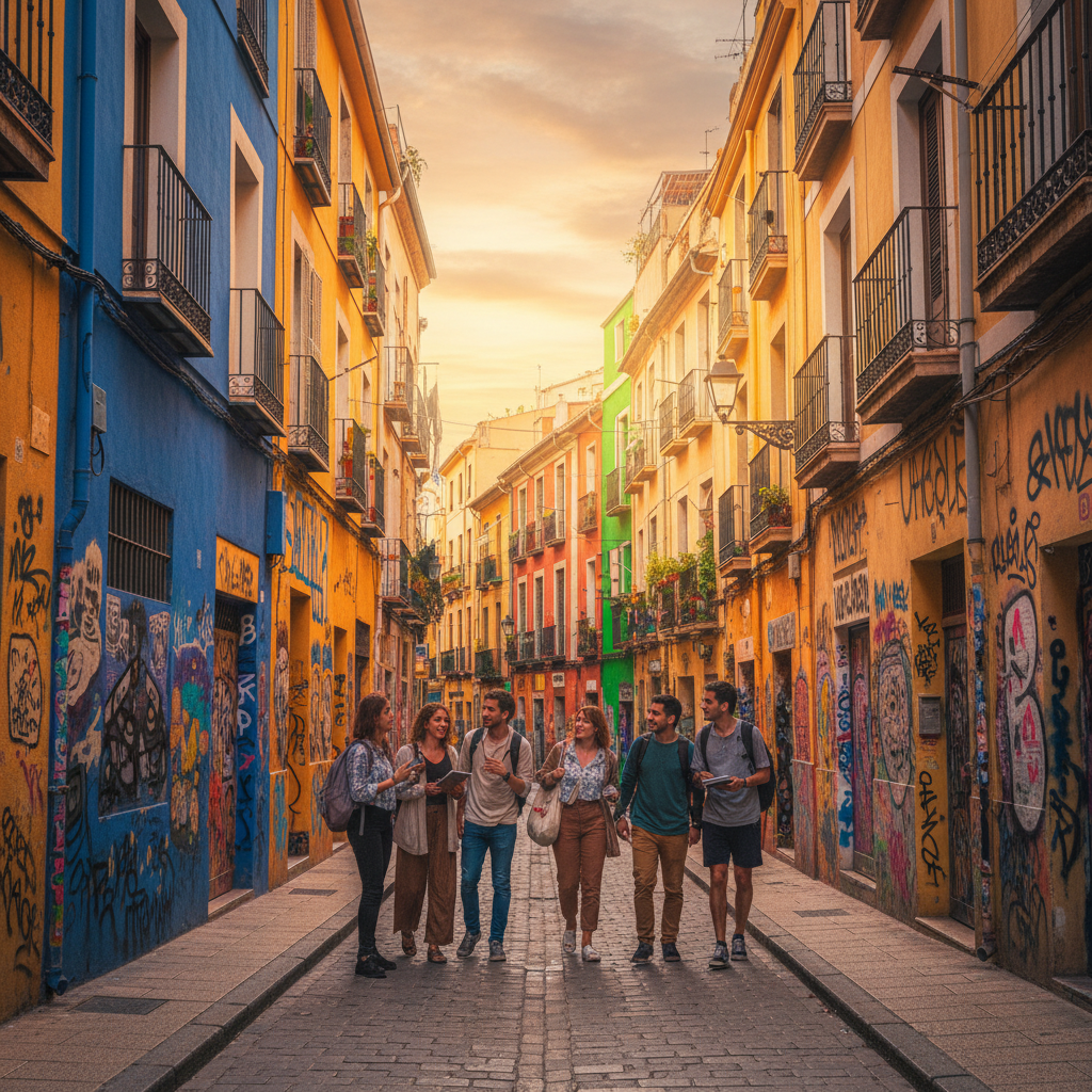 Imagen dividida mostrando escenas callejeras de Ruzafa, El Carmen, Benimaclet y Blasco Ibáñez en Valencia