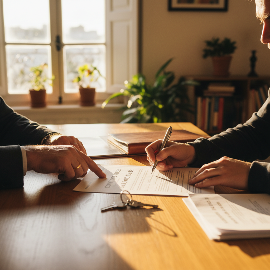 Primer plano de un contrato de alquiler español con cláusulas clave señaladas